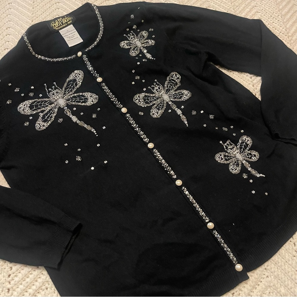 Bob Mackie Vintage Black sweater dragonfly beads